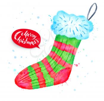 Watercolor illustration of Christmas sock with paint splashes.