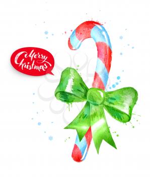 Watercolor illustration of Christmas candy cane with paint splashes.