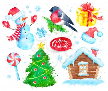 Watercolor collection of illustrations with Christmas and winter symbols.
