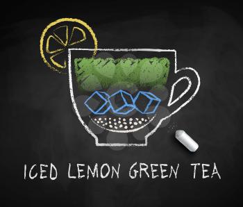 Vector sketch of Iced sweet Lemon Green Tea with piece of chalk on blackboard background.