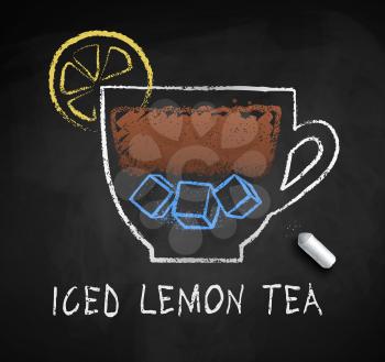 Vector sketch of Iced Lemon Black Tea with piece of chalk on blackboard background.