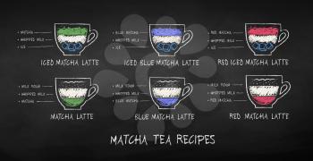 Vector illustration of color chalk drawn Matcha tea recipes on chalkboard background.