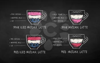 Vector illustration of color chalk drawn red and pink Matcha tea recipes on chalkboard background.