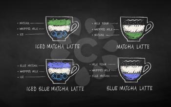 Vector illustration set of color chalk drawn Matcha tea recipes on chalkboard background.