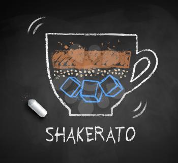 Vector chalked sketch of Shakerato coffee with piece of chalk on chalkboard background.