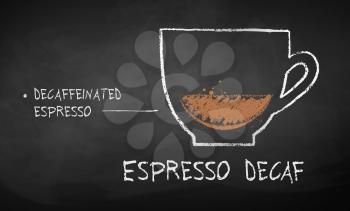 Vector chalk drawn sketch of Espresso Decaf coffee recipe on chalkboard background.