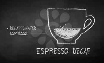 Vector black and white chalk drawn sketch of Espresso Decaf coffee recipe on chalkboard background.