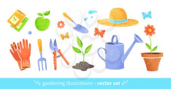 Gardening equipment vector illustrations set isolated on white background.