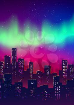 Night cityscape Christmas postcard design with northern lights.