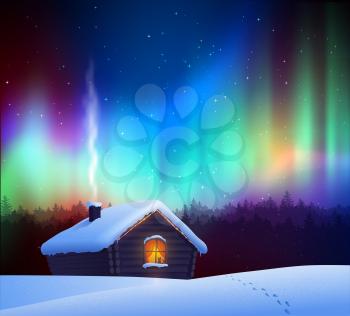 Vector illustration of winter night landscape with house and aurora borealis skies.