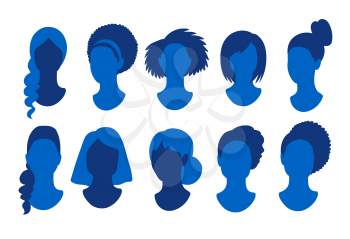 Female anonymous profile pictures avatars vector illustration set in blue colors i isolated on white background.