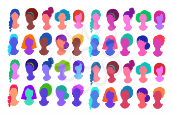Female faceless colorful profile pictures avatars vector illustration set isolated on white background.