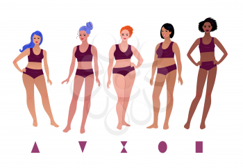 Vector illustrations set of multiethnic characters body-positive female body types isolated on white background.
