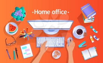 Home office concept. Vector top view illustration of workplace with isolated objects on orange colored background.