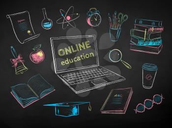 Vector color chalk drawn illustration collection of online education items on black chalkboard background.