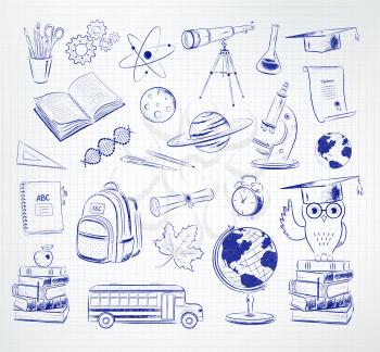 Vector illustration collection of education and science blue ink pen doodles items on checkered paper copybook background.