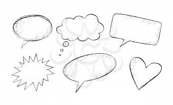 Vector collection of line art grunge hand drawn speech bubbles and isolated on white background.