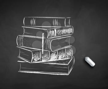 Vector black and white chalk drawn illustration of pile of books on black chalkboard background with piece of chalk.