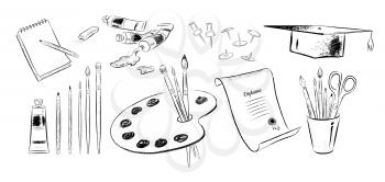 Vector illustration set of art students supplies isolated on white background.