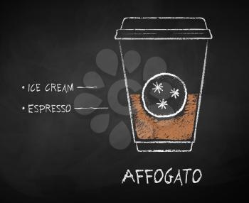 Vector chalk drawn sketch of Affogato coffee recipe in disposable cup takeaway on chalkboard background.