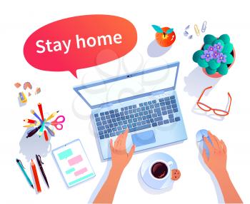 Stay Home concept vector top view illustration with objects isolated on white background.