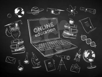 Vector black and white chalk drawn illustration set of online education items on chalkboard background.
