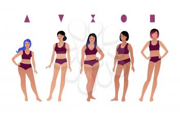 Vector illustrations collection of female body types characters isolated on white background.