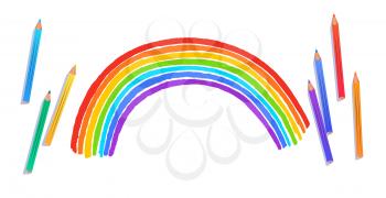 Top view vector illustration of child drawing of rainbow arc isolated on white background with pencils.