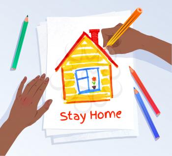 Stay Home concept. Vector illustration
of african american hands drawing picture of house on A4 paper.