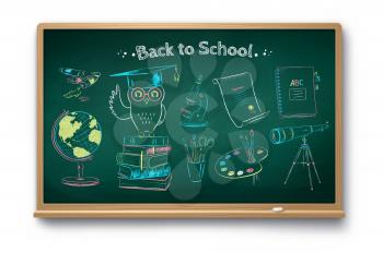Vector color chalk drawn illustration collection of education symbol objects on green chalkboard with shadow isolated on white background.