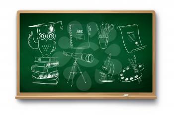 Vector chalk drawn illustration set of education symbol objects on green chalkboard with shadow isolated on white background.