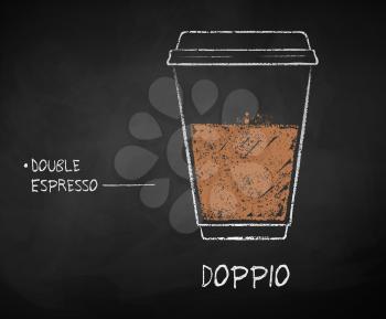 Vector chalk drawn sketch of Doppio coffee recipe in disposable cup takeaway on chalkboard background.
