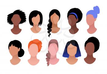 Vector illustration set of female profile pictures faceless avatars isolated on white background.