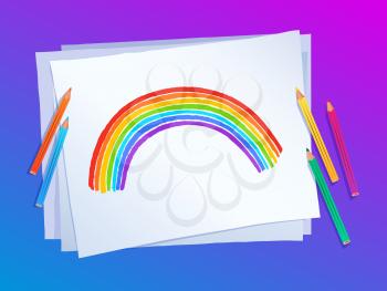 Top view vector illustration of child drawing of rainbow arc on white paper on blue and purple gradient background with pencils.