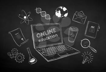 Vector black and white chalk drawn illustration collection of online education items on chalkboard background.