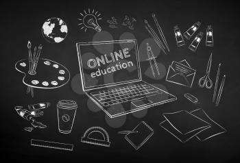 Vector black and white chalk drawn illustration set of online artist education items on chalkboard background.