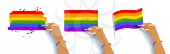Vector illustration collection of hands drawing LGBTQ flags colors with paintbrush isolated on white background.