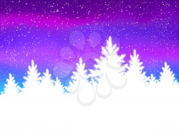 Vector illustration of evening winter Christmas landscape with falling snow and spruce forest silhouette in white and neon purple colors.