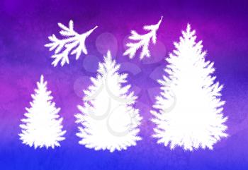 Vector illustration set of white silhouettes of Christmas trees and branches on neon purple colored background with watercolor texture.