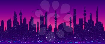 Seamless horizontal vector background of cyberpunk futuristic cityscape silhouette with night lights in neon purple colors.
