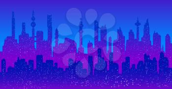 Seamless horizontal vector background of cyberpunk futuristic cityscape silhouette with night lights in neon purple and blue colors.