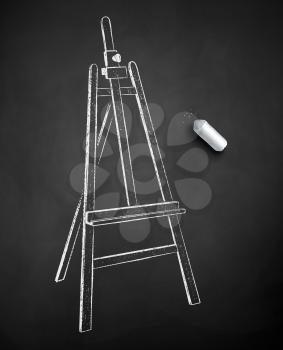Vector black and white chalk drawn illustration of easel on  chalkboard background.