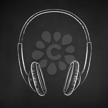 Vector black and white chalk drawn illustration of headphones with live conference on chalkboard background.