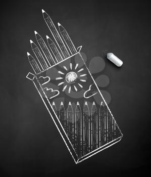 Vector black and white chalk drawn illustration of pencil box on black chalkboard background.