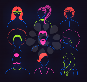 Vector illustration set of neon profile pictures faceless avatars in vblue and red colors on dark background.
