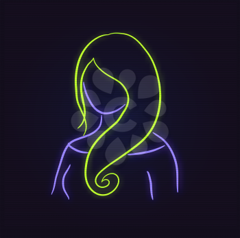 Vector illustration of neon profile picture faceless avatar in violet and green colors on dark background.
