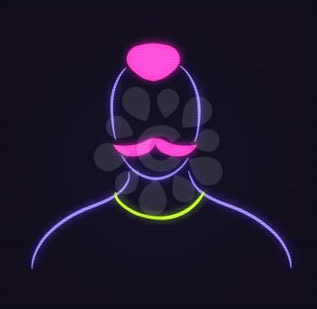 Vector illustration of neon profile picture faceless avatar in violet and pink colors  on dark background.