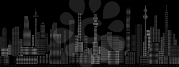 Abstract seamless horizontal vector black and white background of cyberpunk futuristic cityscape night lights.