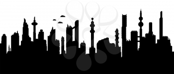Seamless horizontal vector background of black and white cyberpunk futuristic cityscape silhouette.