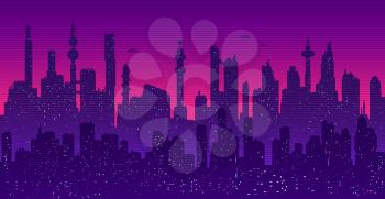 Seamless horizontal vector background of cyberpunk futuristic cityscape silhouette with night lights in neon purple and pink colors.